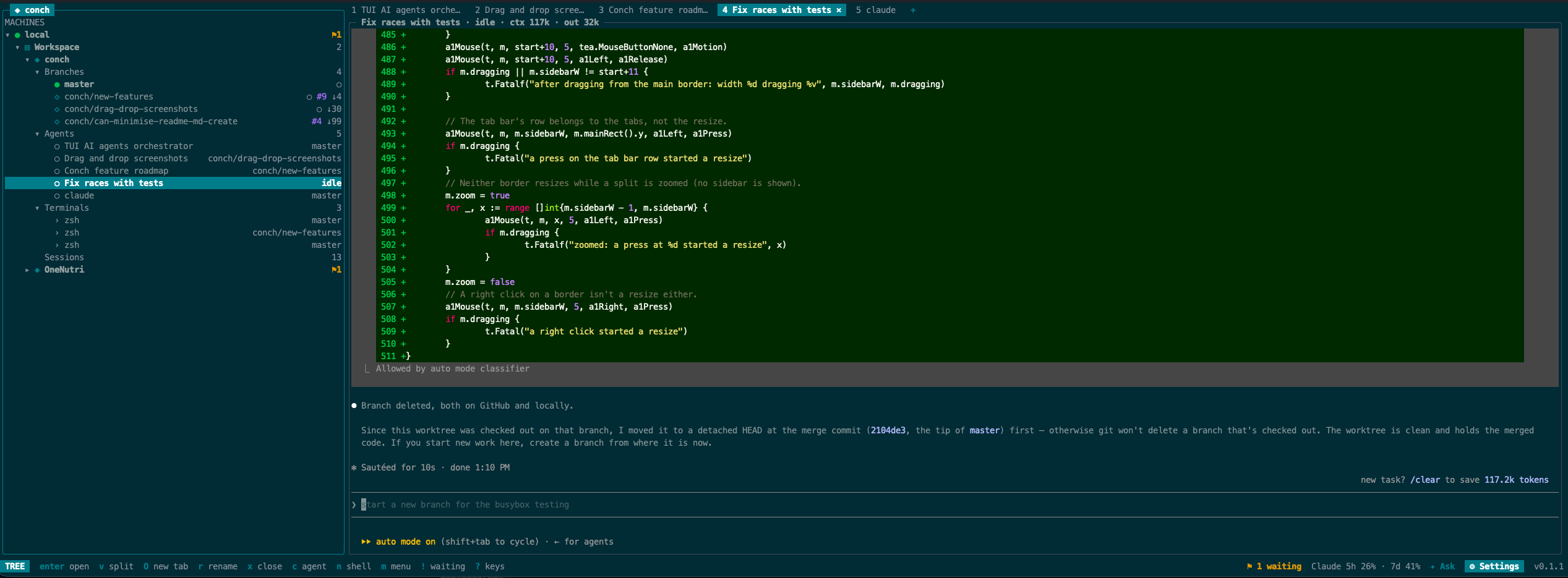 conch showing a project: branches, agents and terminals in the tree, a tab per agent, and an agent's diff in the pane